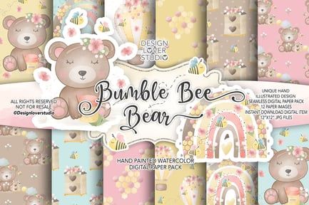 Bumble Bee Bear digital paper pack