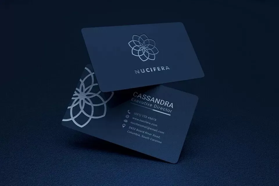 Elegant and modern business card mockup with silver logo letterpress effect