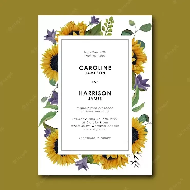 Wedding invitation template with hand drawn sunflower and eucalyptus leaves