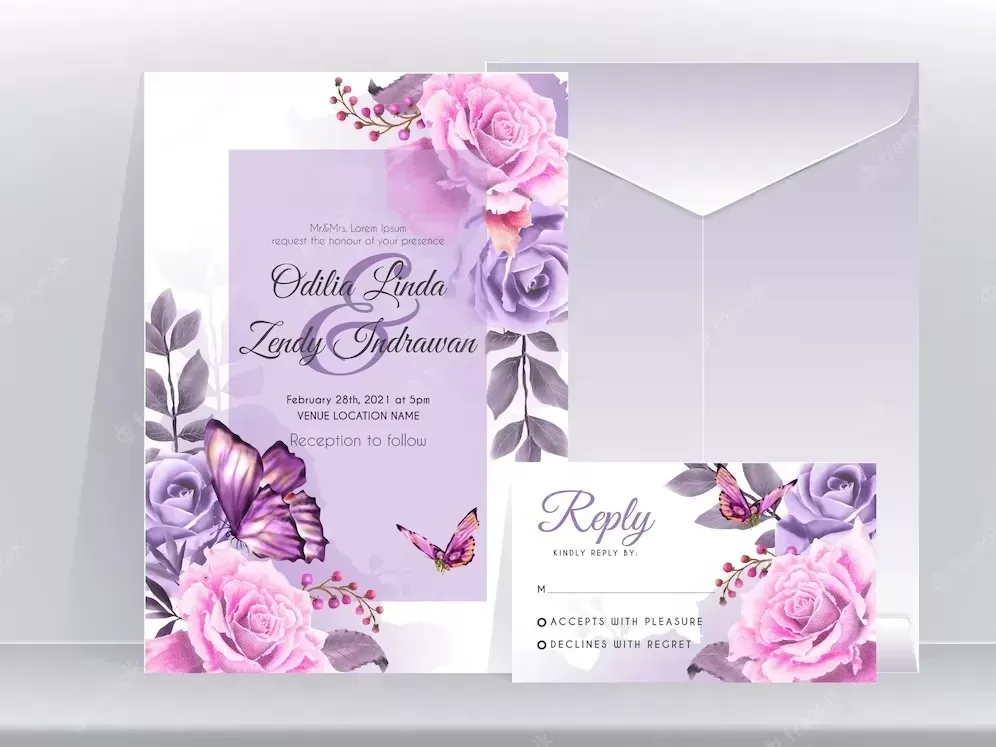 Wedding invitation card template with beautiful and elegant floral purple edition