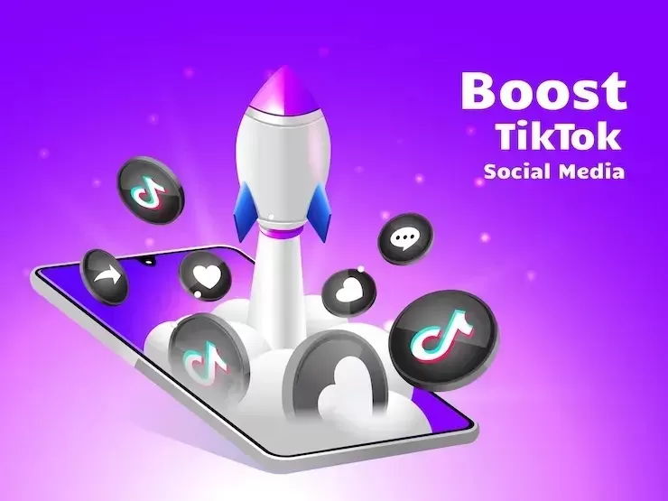 Rocket boosting social media tiktok with smartphone