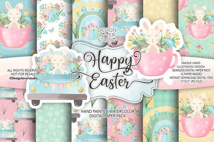 Easter Rabbit Rainbow digital paper pack