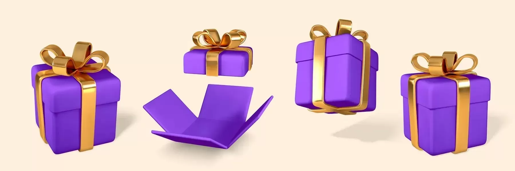 3d realistic purple gift boxes with golden