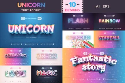 Set 10 Unicorn Editable Text Effects, Font Styles