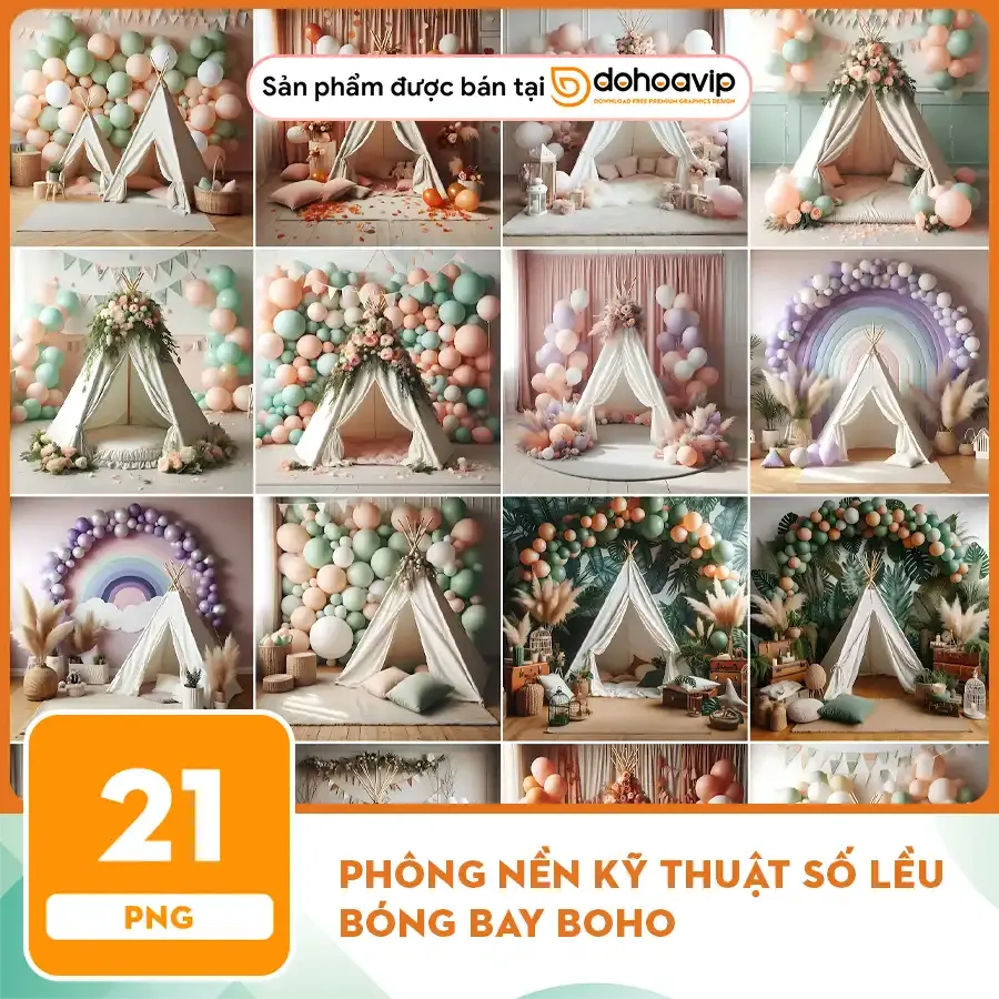 Phông nền kỹ thuật số lều bóng bay Boho