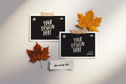 Moodboard with Photos and Autumn Leaves Mockup