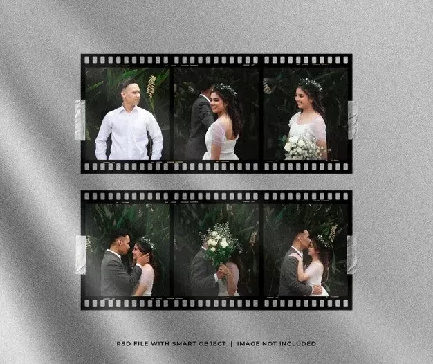 Romantic film strip photo set mockup with light effect