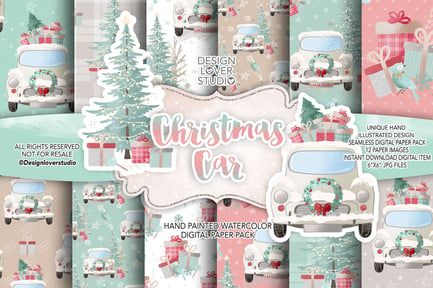 Christmas Car digital paper pack