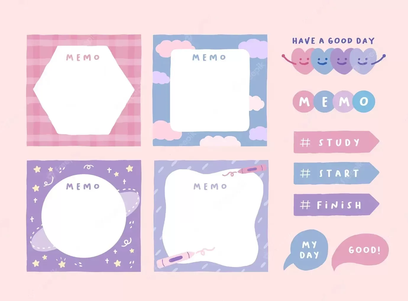 Cute memo template a collection of striped notes blank notebooks and torn notes used in a diary or office