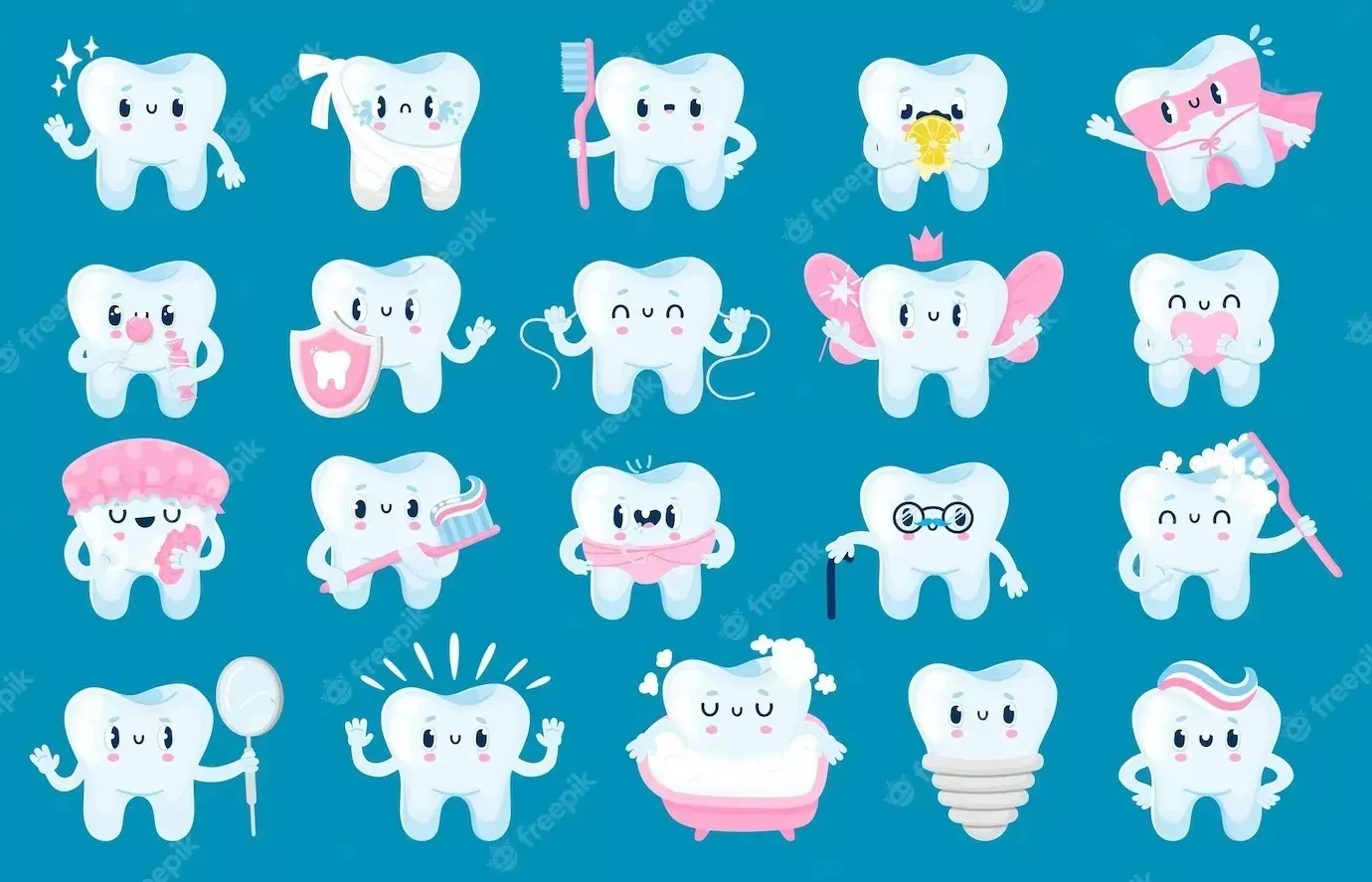 Teeth with face cartoon dental health and care fun characters tooth