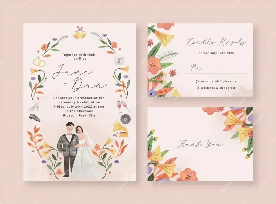 Wedding invitation tamplate with hand drawn watercolor illustration