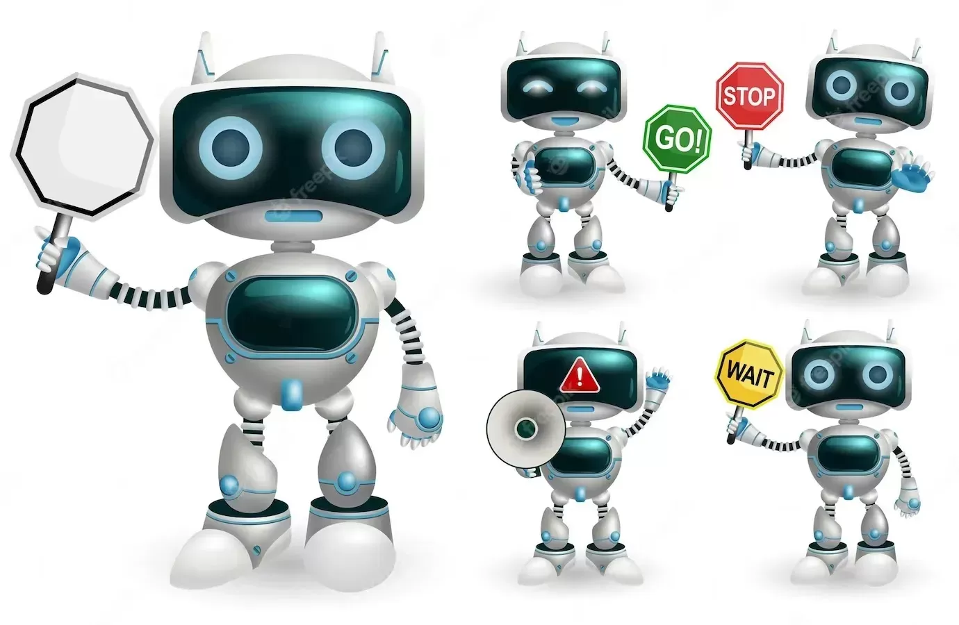 Robot character vector set robotic characters showing signage symbol like go and stop placard