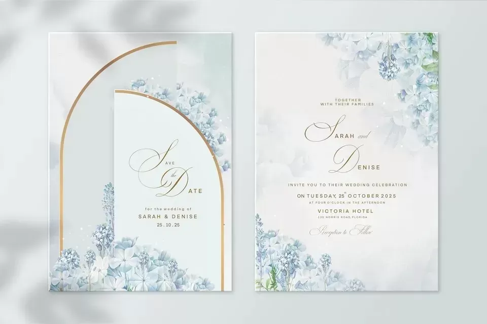 Geometric floral wedding card with blue flower