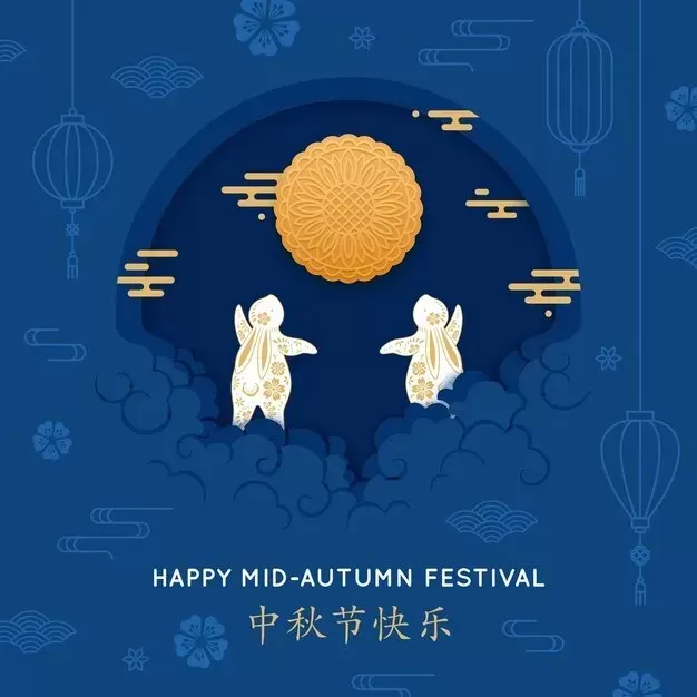 Happy mid-autumn with rabbits, flowers and mooncake. illustration for mid autumn celebration.