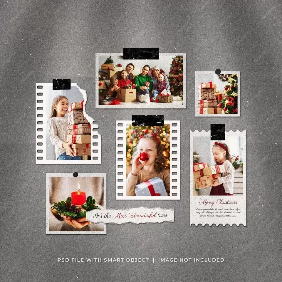 Christmas social media post photo film frames moodboard mockup