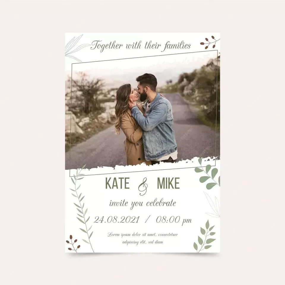 Engagement card template with photo of bride and groom