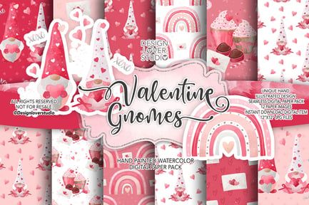 Valentine Gnomes digital paper pack