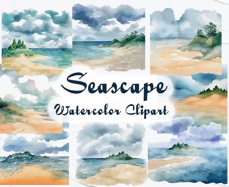 Watercolor clipart with seascapes, sea, beach