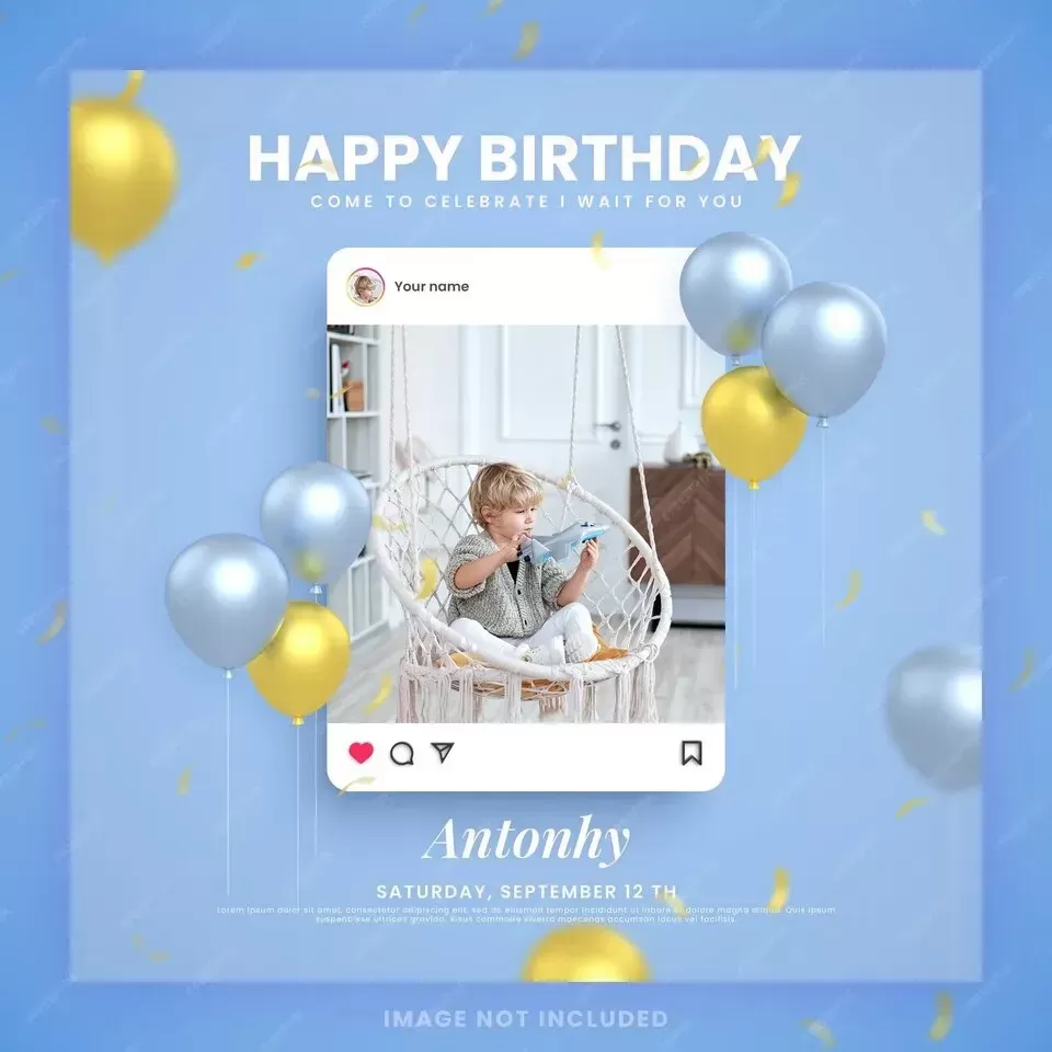 Boy happy birthday invitation card for blue instagram social media post template with mockup