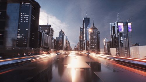 Futuristic City With Skyscrapers And Road Sci Fi Cinematic Background Loop