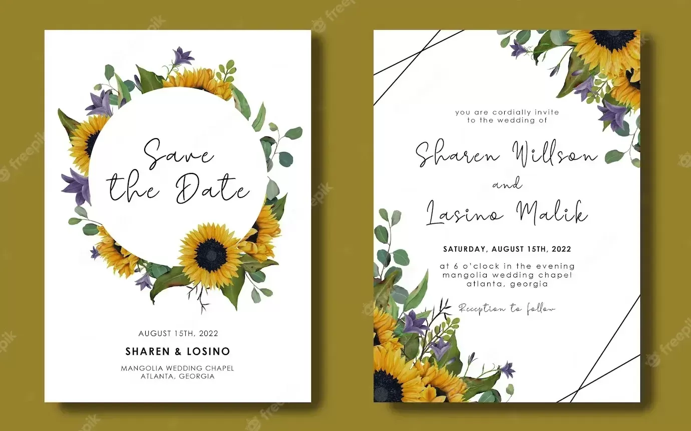 Wedding invitation template with sunflower and eucalyptus leaves
