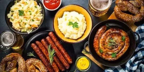 Oktoberfest food – sausage, beer and bretzel