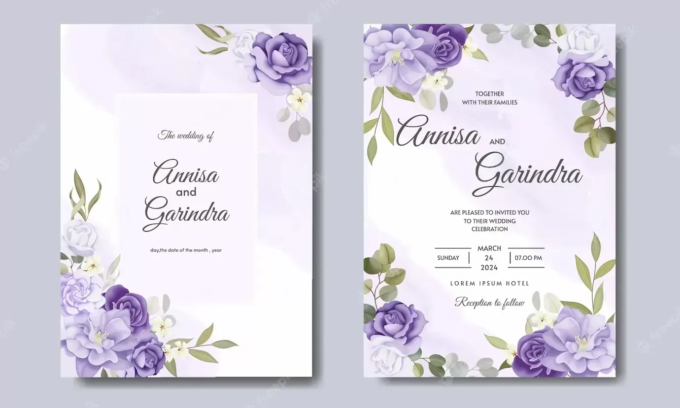 Elegant wedding invitation card with beautiful floral and leaves template