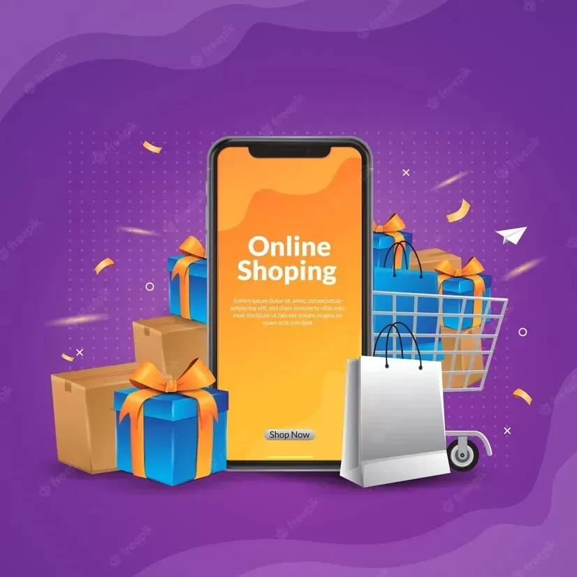 Online shoping with mobile app illustration for web and aplication banner