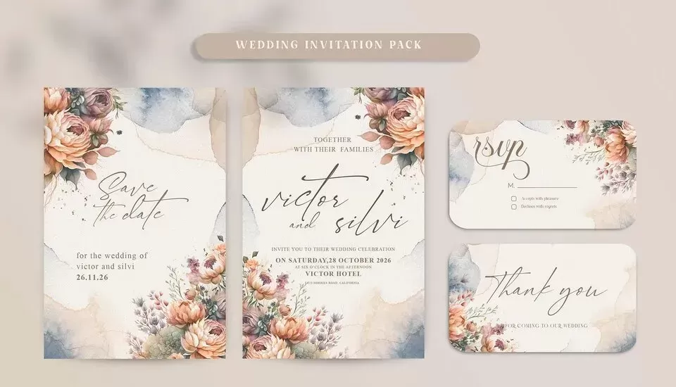 Double sided wedding invitation template with elegant watercolor browns roses
