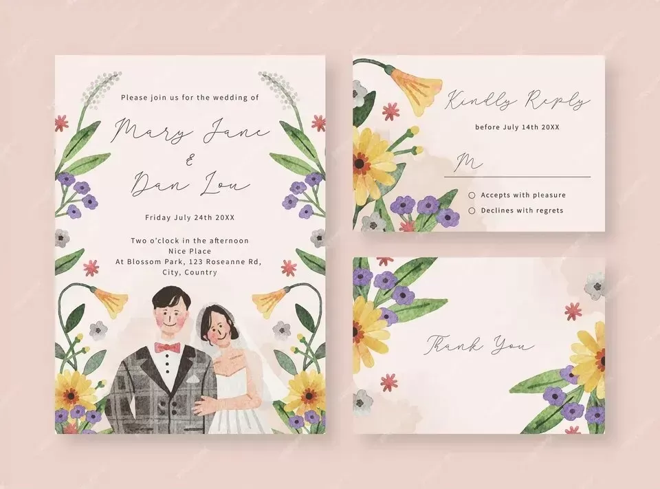 Wedding invitation tamplate with cute hand drawn couple illustration and floral watercolor