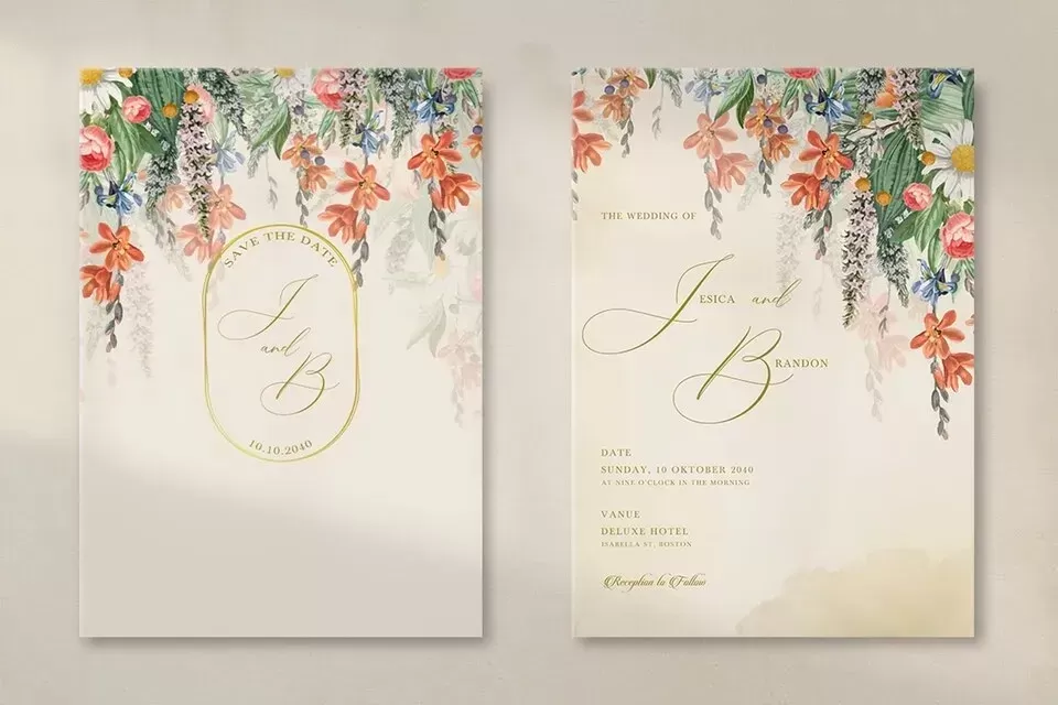 Modern vintage wedding invitation with garden flower bouquet