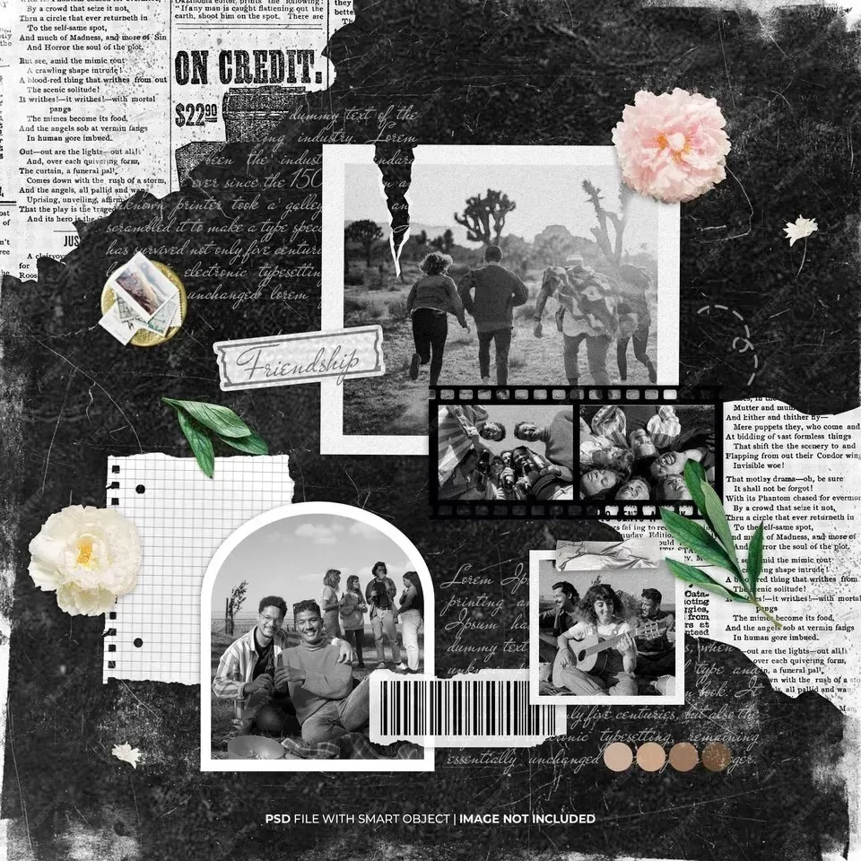 Moodboard photo collage vintage black and white mockup