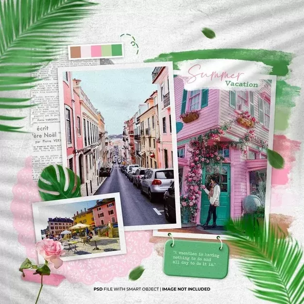 Photobook green and pink moodboard photo frame set mockup