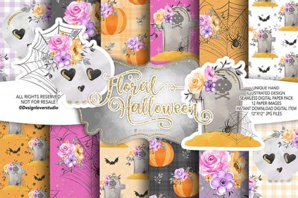 Floral Halloween digital paper pack