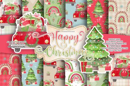 Happy Christmas digital paper pack