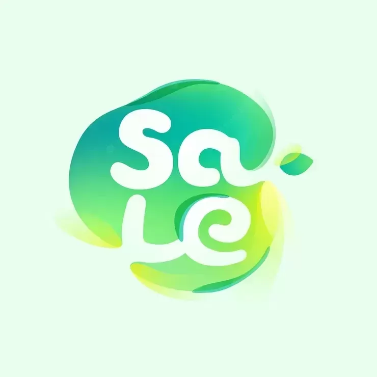 Sale logo in eco gradient splash blot with green leaf negative space environment friendly icon illusion effect emblem