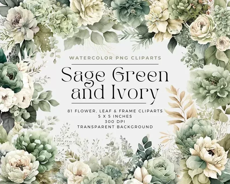 Sage Green & Ivory Flowers PNG Collection