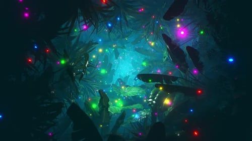 Flying through foliage in a dark jungle with lots of colorful fireflies. Infinitely looped animation