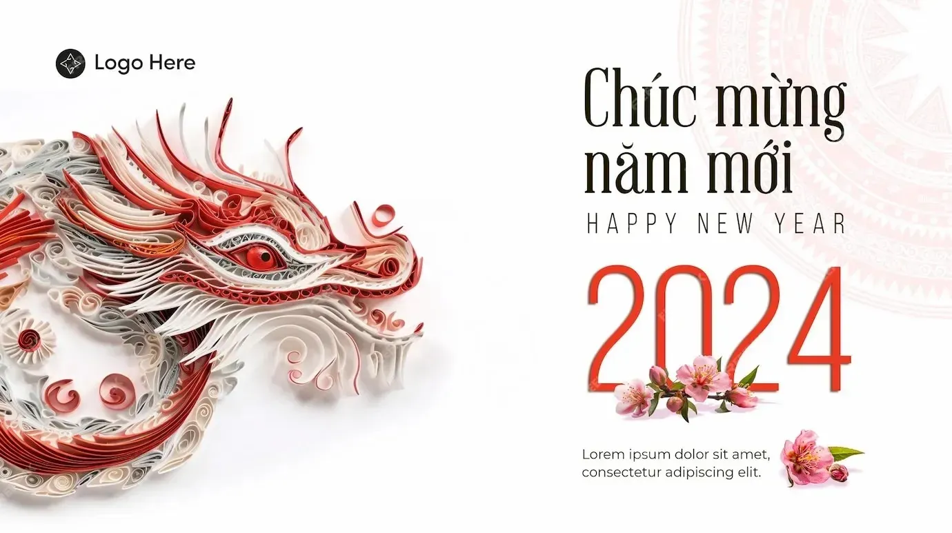 PSD banner chúc mừng năm mới rồng và hoa đào 2024