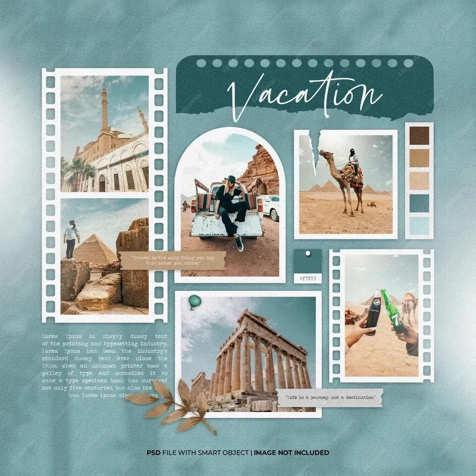 Social media post vacation photo paper moodboard mockup