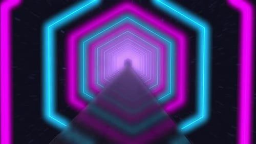 4K Fly Through Glowing Rotating Neon Hexagons Creating A Tunnel Of Blue Red Pink Purple