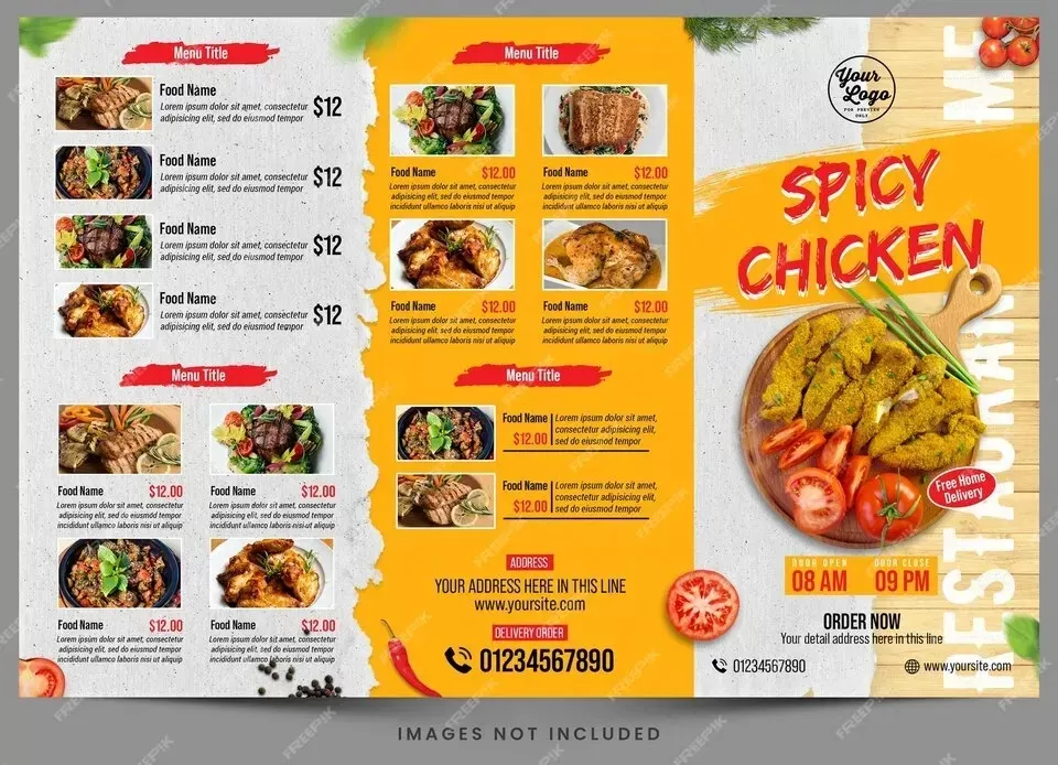 A menu for spicy chicken with a picture of food on it