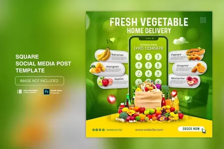 Premium PSD | Fresh grocery vegetable delivery social media post promotion template
