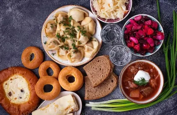 Traditional Russian dishes, sweets and vodka