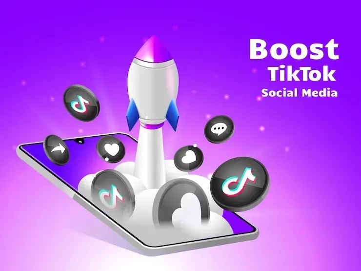 Rocket boosting social media tiktok with smartphone