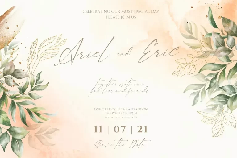 Wedding invitation template with watercolor leaves