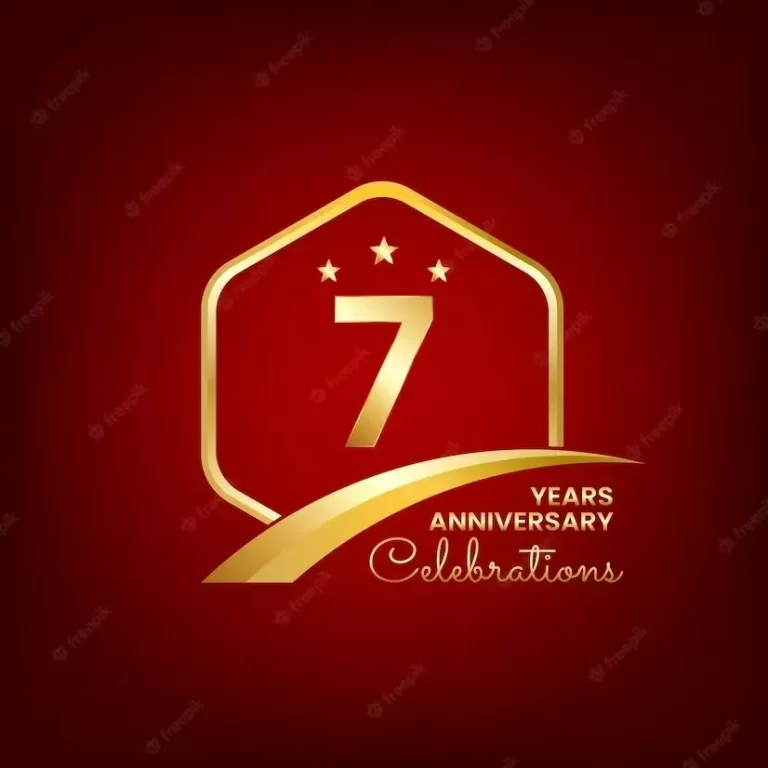 7 years anniversary inside of gold hexagon and curve with red backgrounds