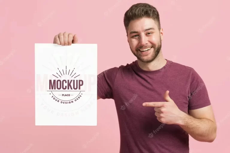 Medium shot of man holding a stationery mock-up card