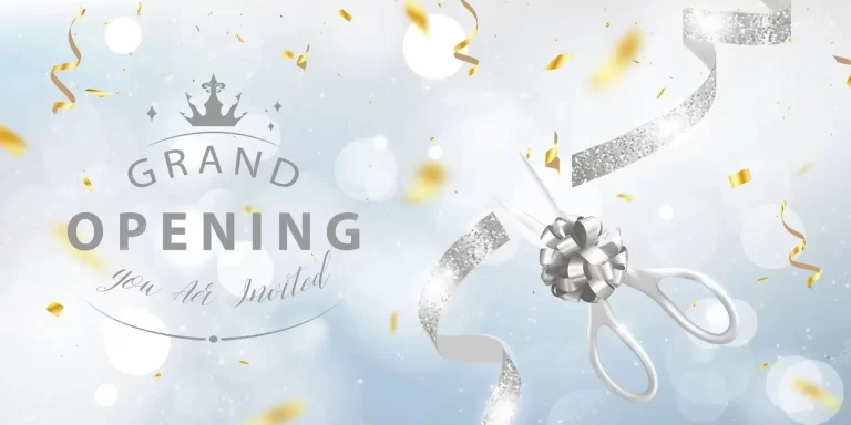 Grand opening card with golden ribbon background glitter frame template.