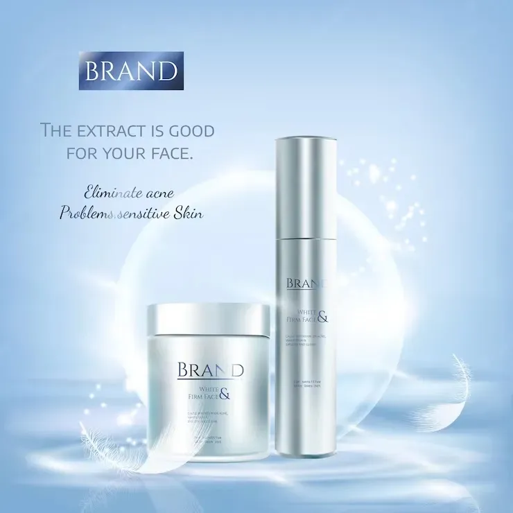 Realistic skin care cream. tube serum, container cosmetic light blue background soft bubble and white feather. 3d template mockup for branding to promote luxury cosmetic product vector illustration